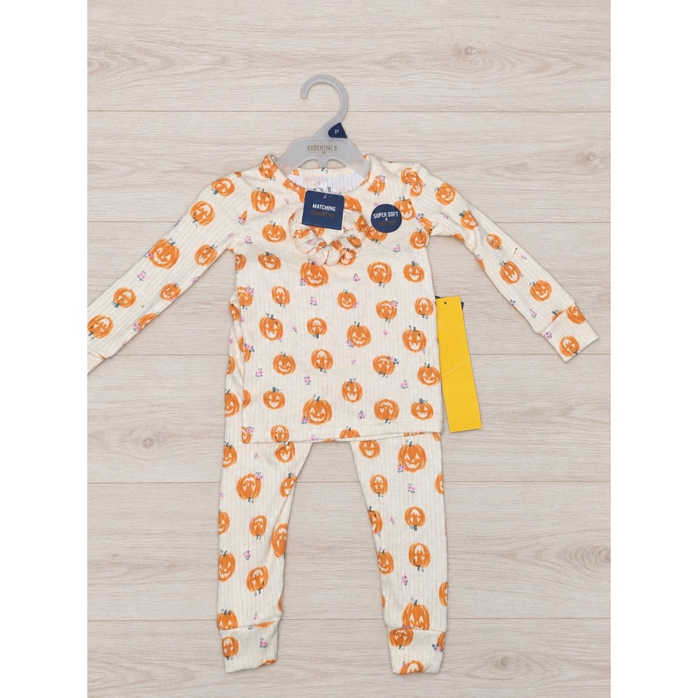 PJ Essentials Toddler Girls Pumpkin Pajama Set 2T Halloween Ribbed 3pc Scrunchie